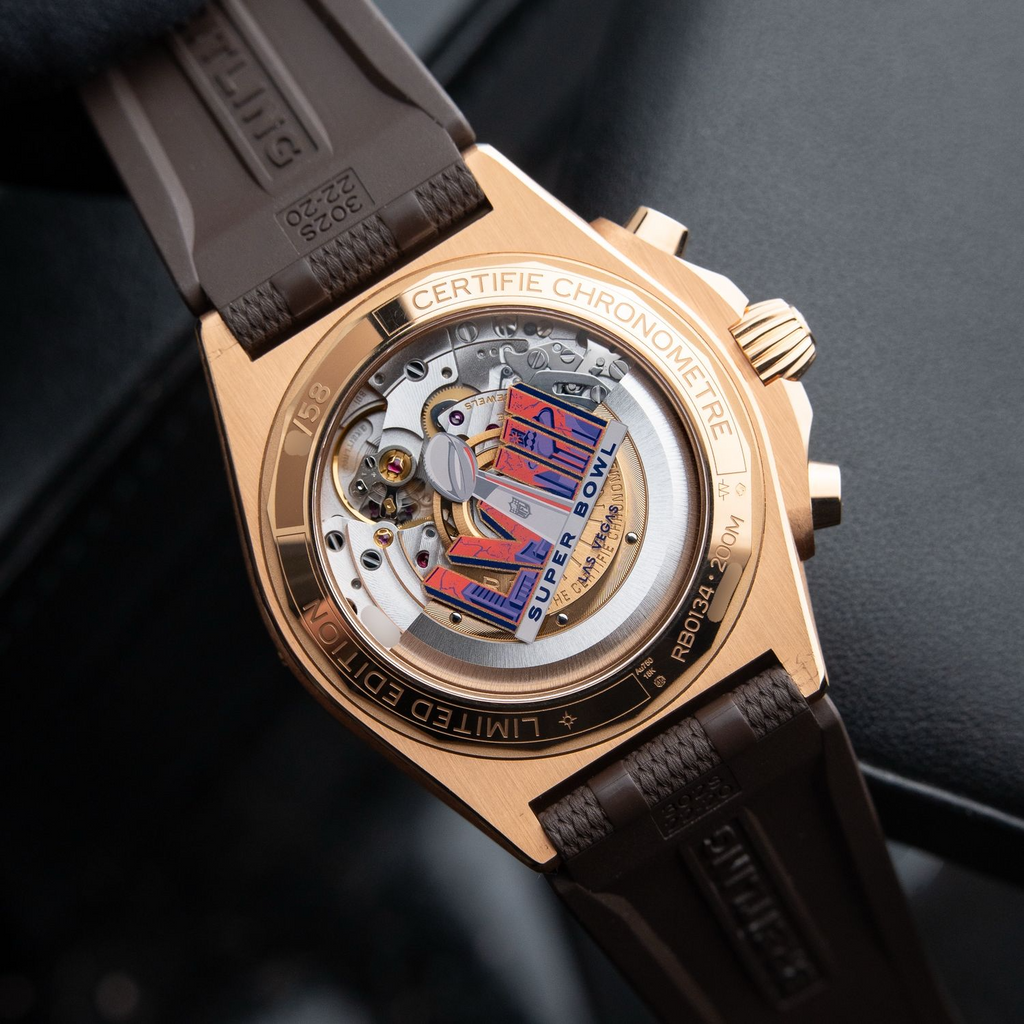 Breitling Super Chronomat B01 42 Super Bowl LVIII Limited Edition Rose Gold Blue Chronograph RB01343A1C1S1