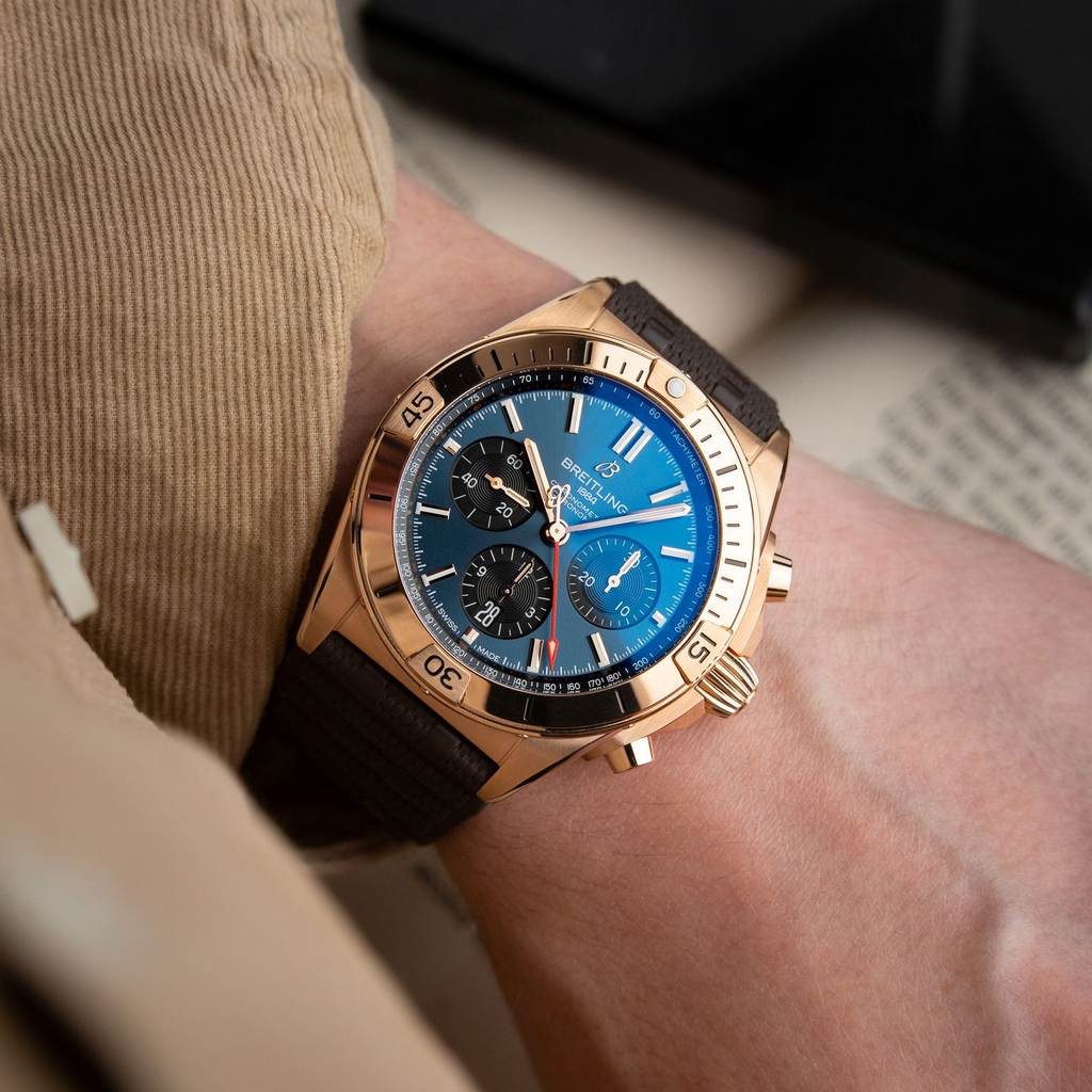 Breitling Super Chronomat B01 42 Super Bowl LVIII Limited Edition Rose Gold Blue Chronograph RB01343A1C1S1