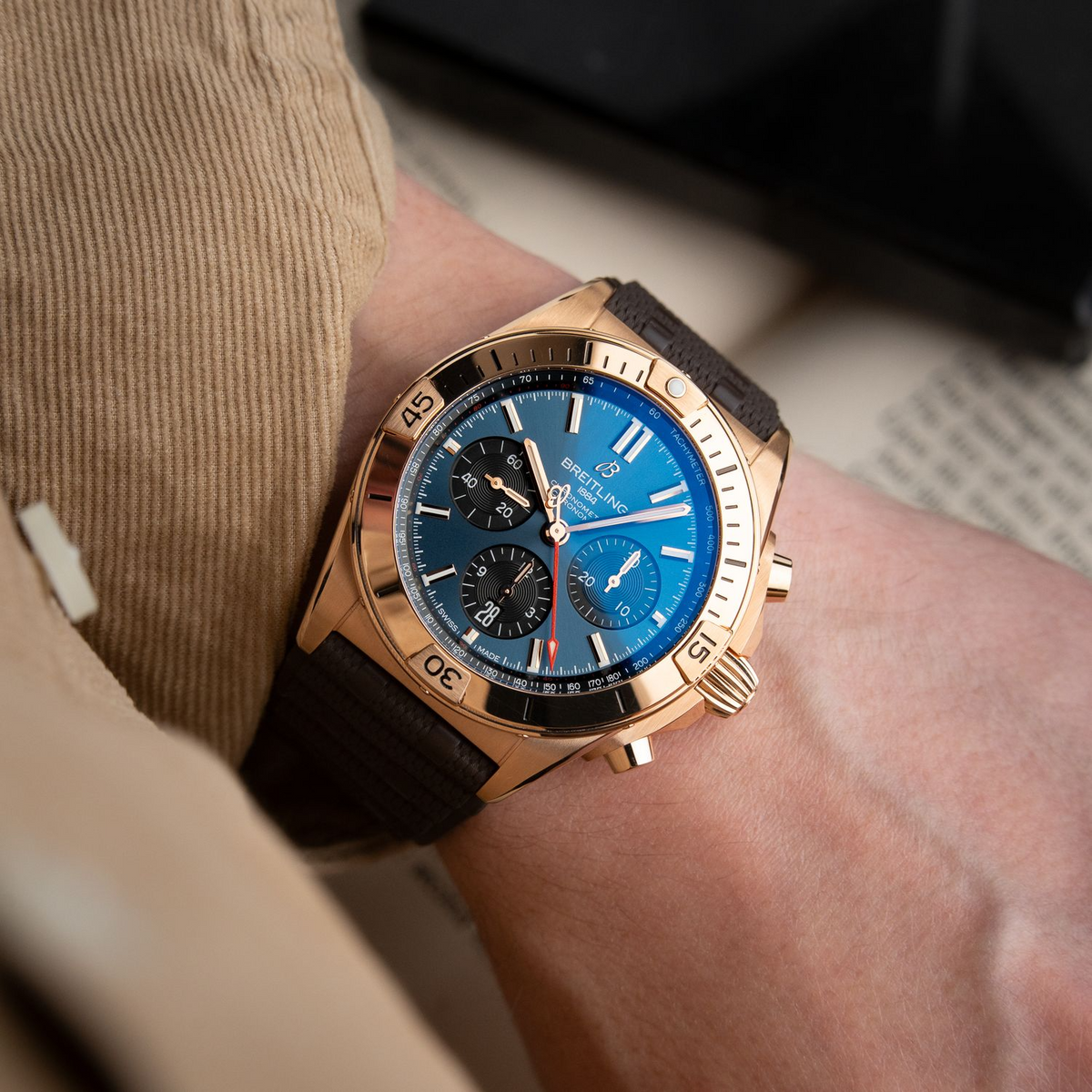 Breitling Super Chronomat B01 42 Super Bowl LVIII Limited Edition Rose Gold Blue Chronograph RB01343A1C1S1