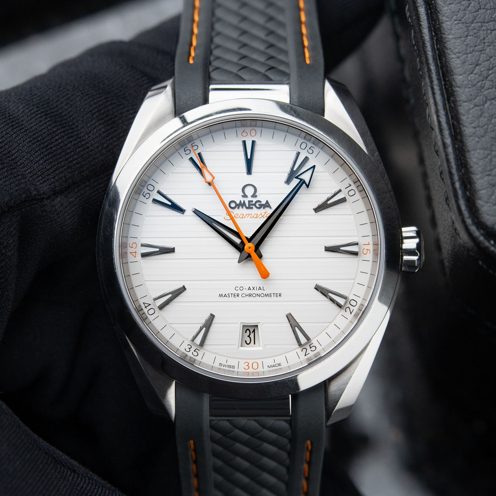 Omega Seamaster Aqua Terra 150M White Dial Orange Accents Grey Strap Steel 41mm 220.12.41.21.02.002