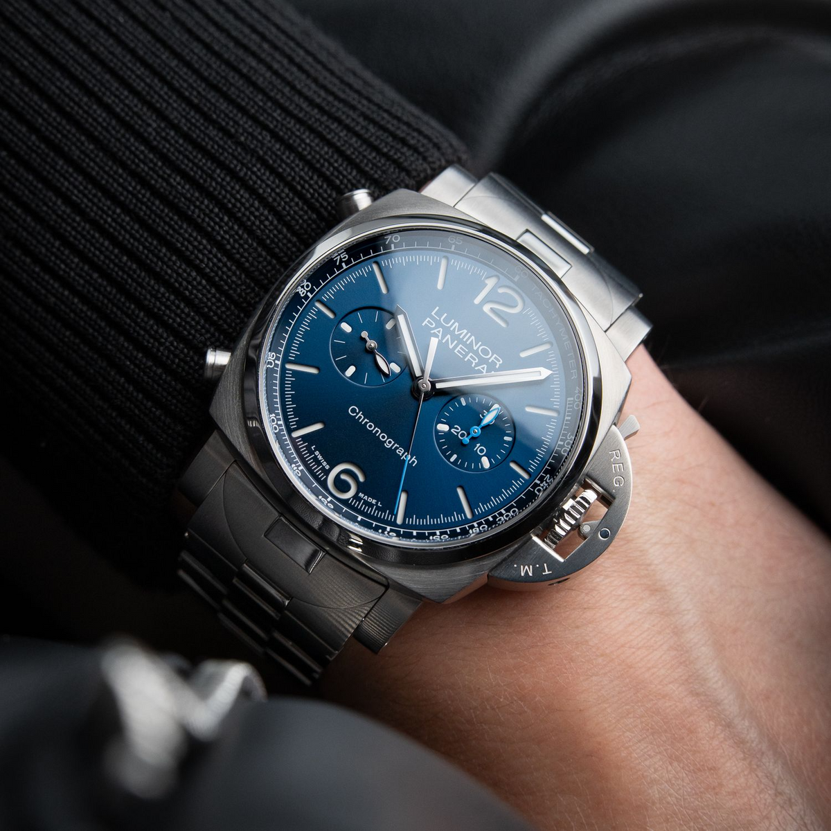 Vintage Panerai Luminor Chrono UNWORN 4/2025 Blue Chronograph Steel Bracelet PAM01110