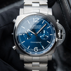 Vintage Panerai Luminor Chrono UNWORN 4/2025 Blue Chronograph Steel Bracelet PAM01110