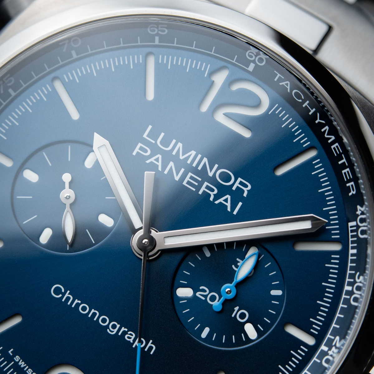 Vintage Panerai Luminor Chrono UNWORN 4/2025 Blue Chronograph Steel Bracelet PAM01110