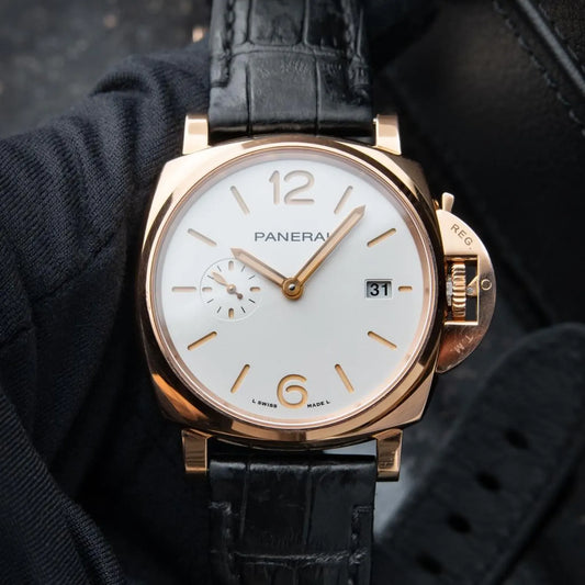 Panerai Luminor Due Goldtech White Sunburst Dial Rose Gold Leather PAM01336