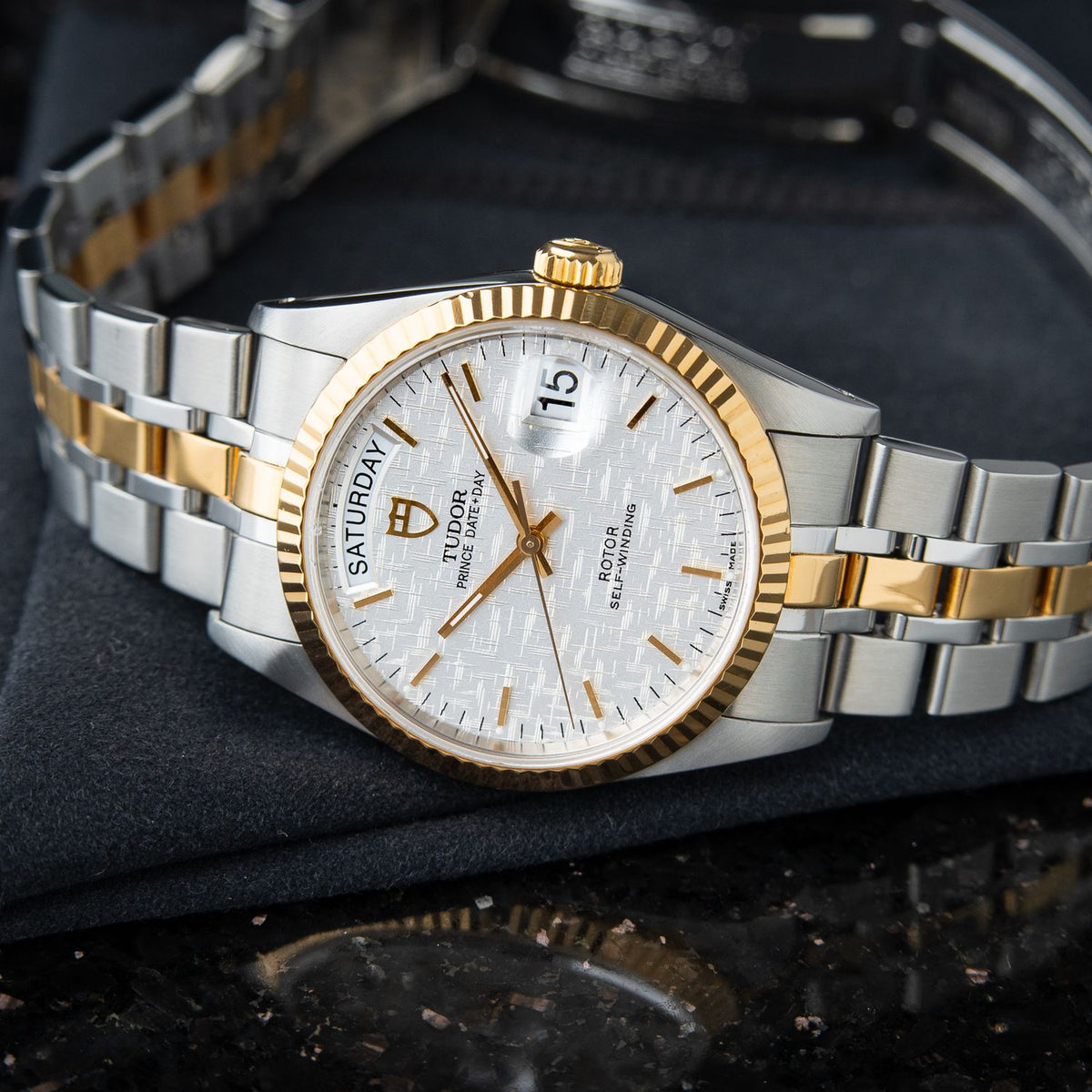 Tudor Prince Date Day 36 Two Tone Gold Steel Linen Dial Automatic